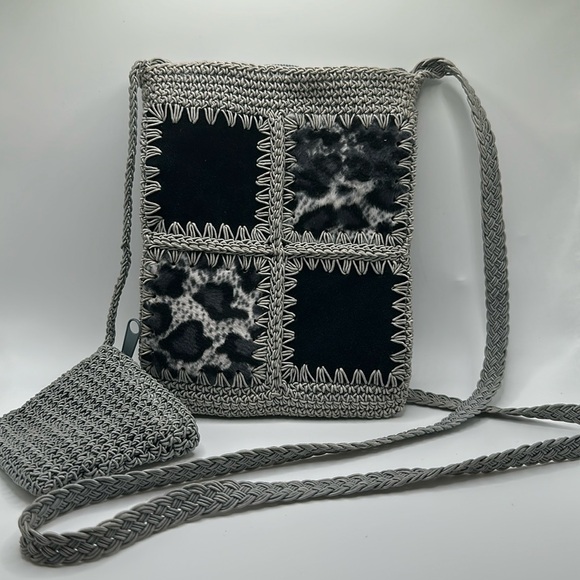 Crochet gray patchwork crossbody purse and coin purse - Picture 2 of 9